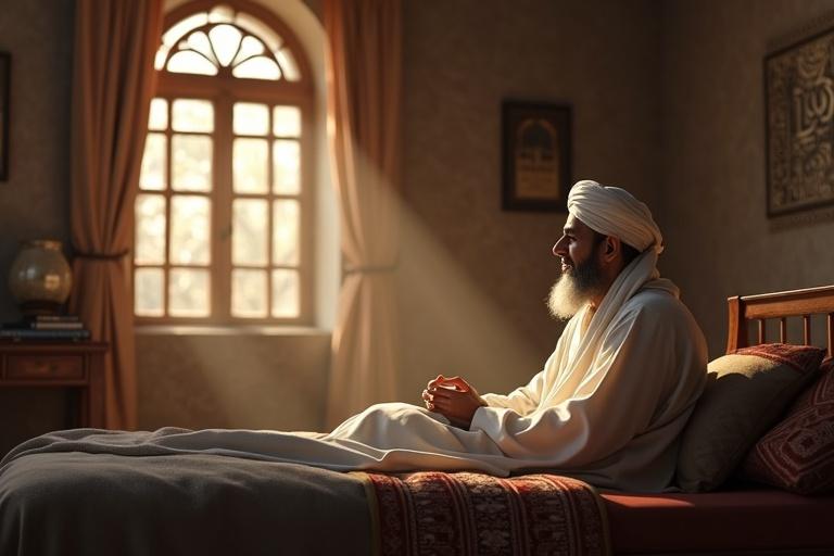 Hazrat Umar seated on a simple bed with a dignified expression. He speaks to his son Abdullah. Daylight enters through an old window, creating an emotional and serene farewell atmosphere. The background features Islamic decor, rendered in high-resolution 3D portrait style.