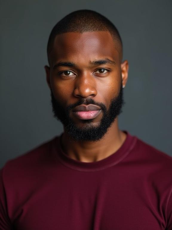 Studio portrait photograph showing a young man with green eyes and a closely shaved head. He has a shaved beard and wears a burgundy t-shirt. The background is a muted gray color.