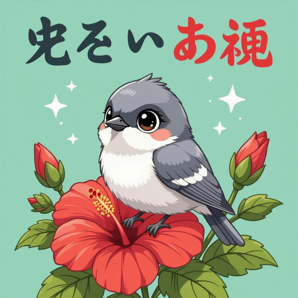 An illustration features a chibi-style Japanese white eye bird on a vibrant red hibiscus flower. The bird has a curious expression. The design is colorful and simple, suitable for a children's book.