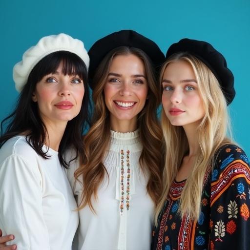 Three women smiling at the viewer. One woman has black hair and wears a white beret with a white pleated collar. Another woman has blonde hair and wears a black beret with a colorful collar. The third woman is concerned with blonde hair in a black long-sleeves dress. Background is blue.