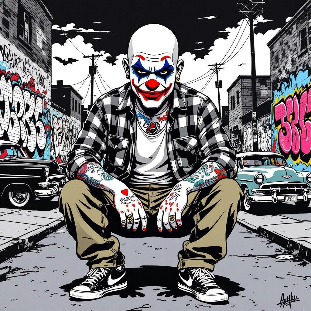 Raw illustration of a bald Chicano clown. Serious and intimidating expression. Wearing Chicano streetwear including a plaid flannel shirt, white tank top and baggy khaki pants. Classic Nike Cortez sneakers. Tattoos with Old English letters on arms and neck. Urban barrio background with graffiti and lowriders. Symmetrical and vector-style design with rough lines.