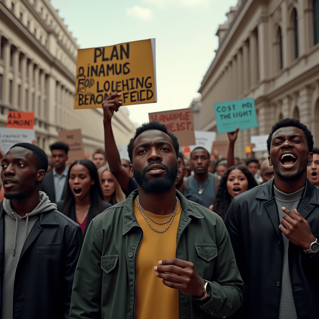 A diverse group of people is participating in a protest with signs raised high in a bustling city street.