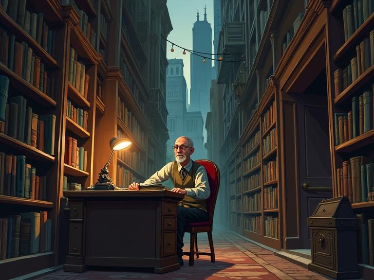 Cartoonish scene depicting an elderly man sitting at an antique desk in a library. Background filled with shelves of books. Small cabinet locked with a brass lock behind the desk. Alleyway setting in the city.