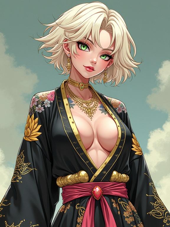 Character illustration of a futuristic anime woman. Age appears as 67. Features emerald green eyes and a beautiful face. Short curly light blonde hair. Wears light pink diamond jewelry.