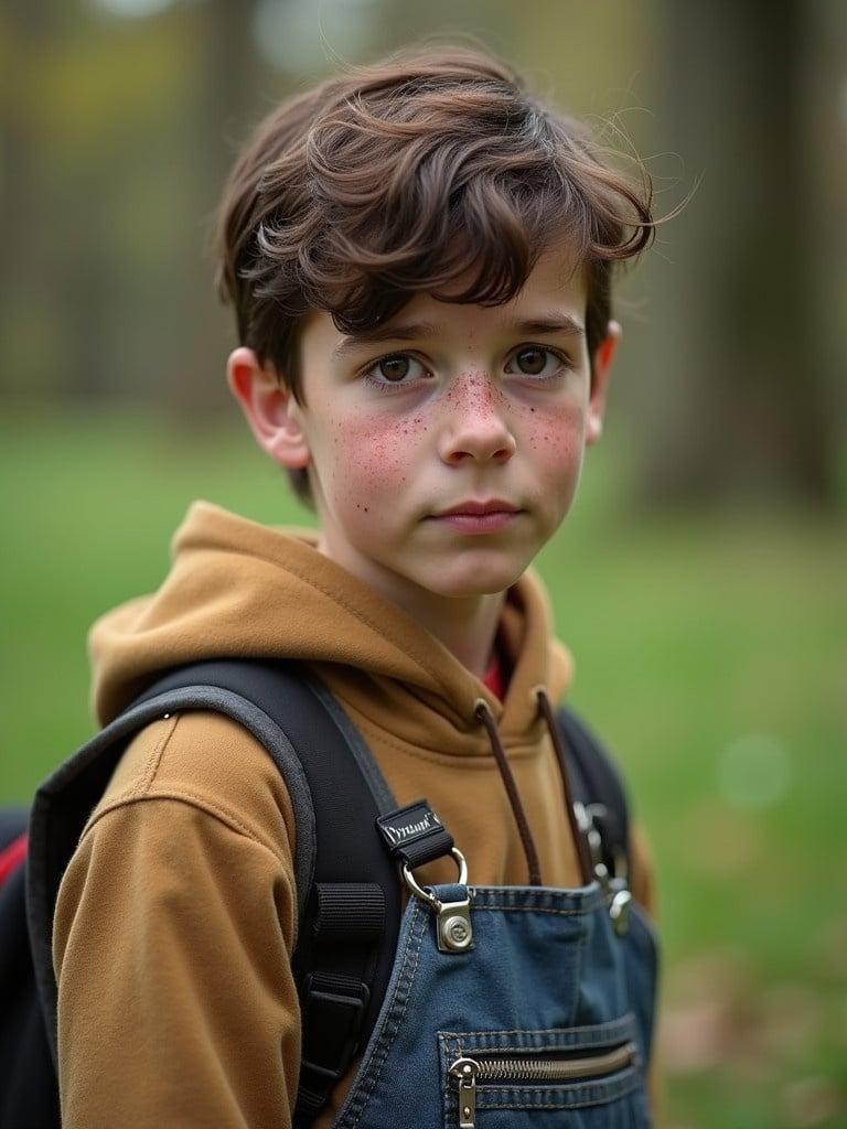 A young boy wearing baggy clothes stands in a park. The boy shows interest in an experiment. Background features park greenery.