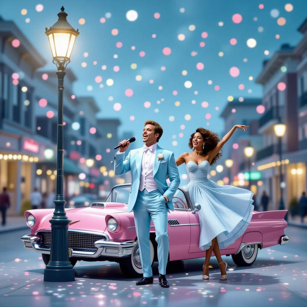 A movie poster depicting a musical fantasy set in the 1950s. A male performer in a powder blue tux sings under a streetlamp. A female performer dances joyfully on a pink convertible. The scene features glitter confetti with soft bokeh light and pastel film tones.