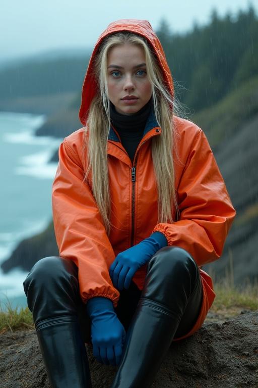 Attractive young woman with blonde hair in pigtails wearing an orange mackintosh and black latex trousers sits on a cliff overlooking the sea. Rain falls in the background, storm clouds loom overhead.