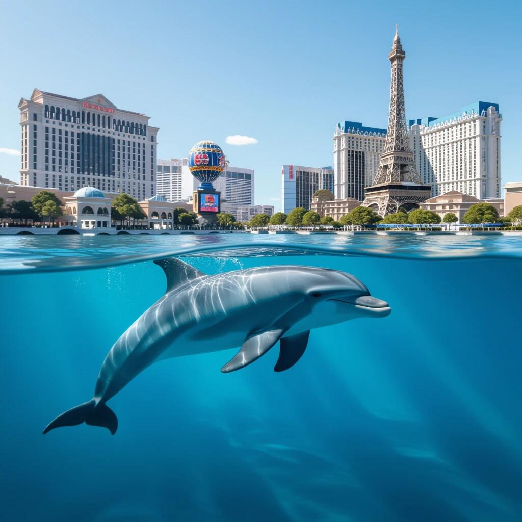 A dolphin swimming gracefully in clear blue water with a vibrant Las Vegas skyline in the background. Iconic buildings such as the Eiffel Tower and Bellagio visible above water.