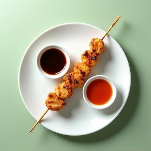 Image of a minimalist food scene with a clean white plate featuring a grilled chicken skewer. The chicken pieces are uniformly cut and evenly sized with golden brown color and grill marks. Two small dipping dishes are beside the skewer: one with dark teriyaki sauce and the other with Thai sweet and sour sauce. The background is matte light green with soft lighting.
