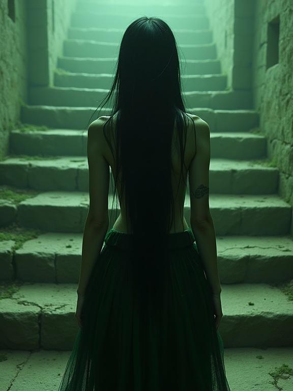 Hyperrealistic photography depicting a figure with long black hair. The figure has a bare back and wears a flowing green skirt. It stands on stone stairway in a dimly lit environment with a green hue. Scene evokes a mystical mood.