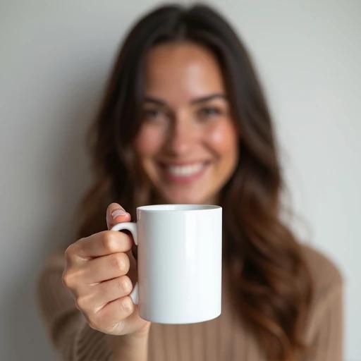 Attractive woman holds a plain white cylindrical mug in her right hand. The mug has no logos or text and is shown in a product mockup style. The image focuses on the mug and the woman with neutral background.