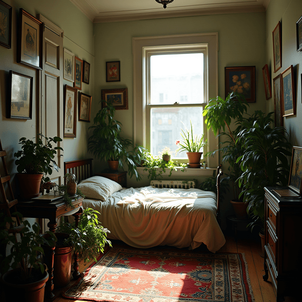 A sunlight-filled bedroom adorned with numerous plants and eclectic wall art, creating a serene and inviting atmosphere.