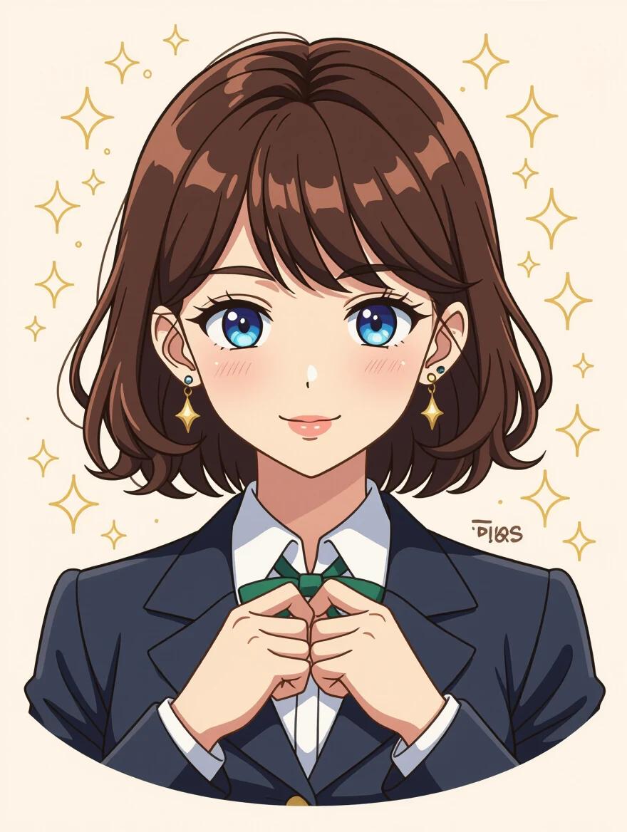 Character illustration of a female student. Style inspired by Marin Kitagawa. Dark brown hair styled messily at shoulder length. Character wearing a tight school uniform. Flashy earrings and high-knee socks visible. Focus on the character's hands adjusting the uniform.