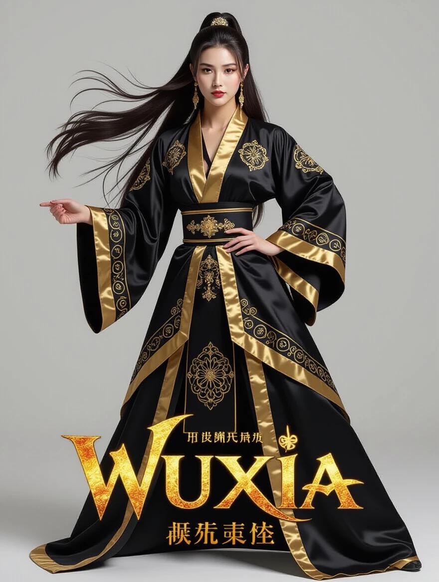 A woman wears a long black and gold costume resembling traditional attire. She stands tall with long hair flowing. This makes for a striking action movie poster. The title Wuxia is prominently displayed in a stylized font. The overall look exudes elegance and drama.