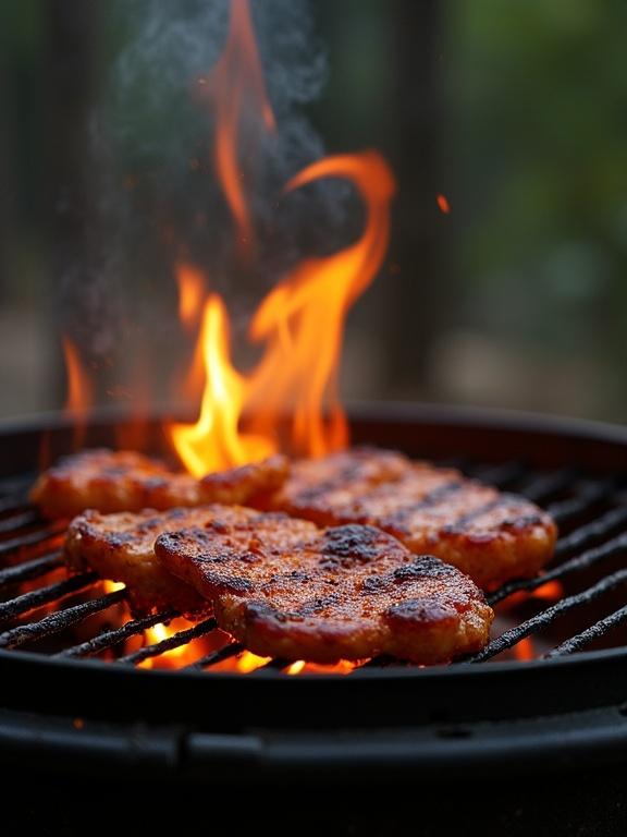 Image showing grilled meat on a barbecue grill with flames rising. Focus on the juicy pieces of meat with grill marks. Background slightly blurred to emphasize the cooking action.