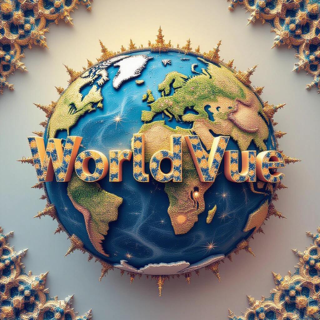 An intricate fractal world with the name WorldVue. The continents and oceans made of self-similar patterns. Each pattern shows smaller detailed versions. The globe glows with mathematical light. The background has a soft gradient. Style is precise and captivating. Emphasizes interconnectedness at every level. Symmetrical design with glowing lines.