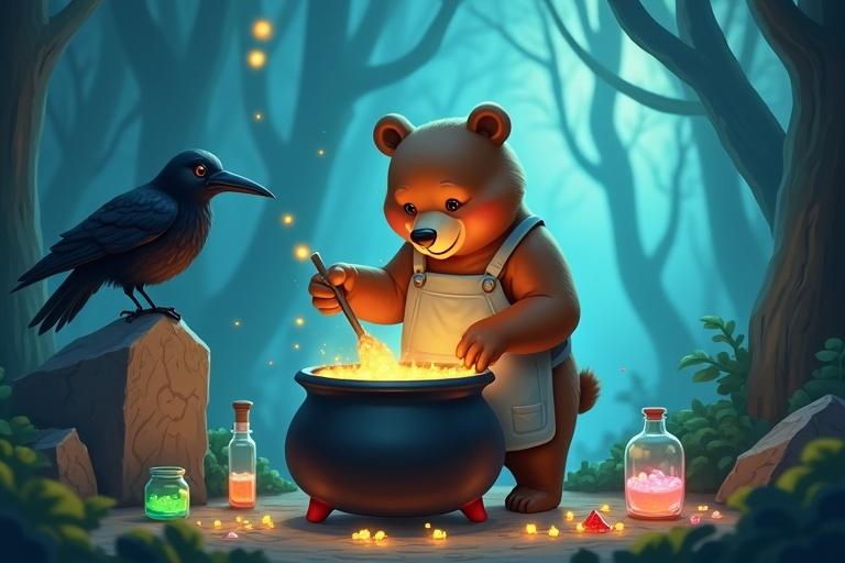 A mystical forest scene. A brown bear wears a grey apron. The bear stirs a bubbling golden potion in a black cauldron on red feet. A black raven watches from a rock. Ingredients include glowing crystals and shimmering liquids. A whimsical, digital painting style.