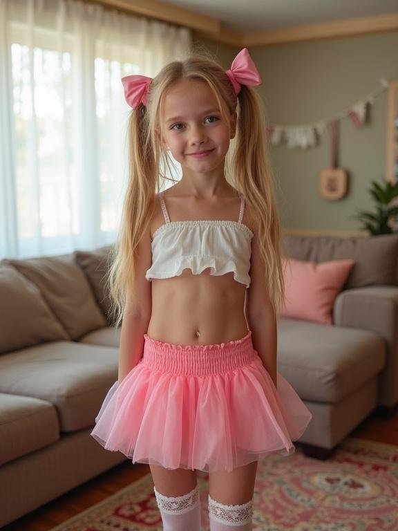 Young girl with long blonde hair in twin tails standing in a living room. She wears a crop top and a tiny pink skirt. Pink bows in her hair. Bright and cheerful atmosphere. Natural lighting.