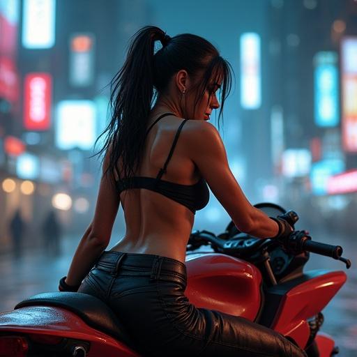 Cyberpunk scene with a female figure in only a back view. The subject leans on a motorcycle. Neon lights illuminate the urban background.