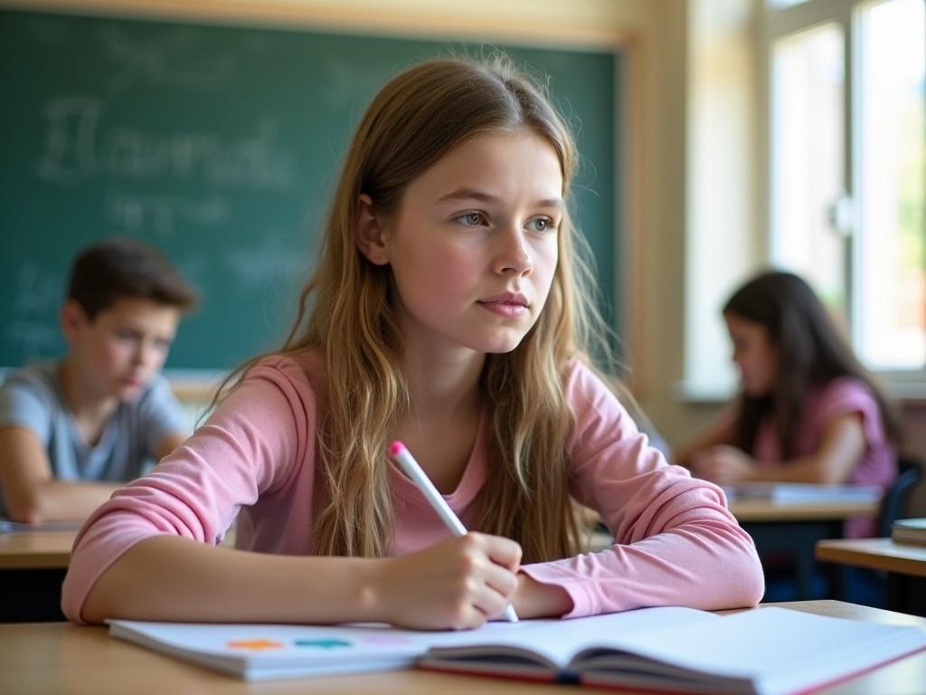 A teenage girl sitting in a classroom appears deep in thought while writing in her notebook. The classroom has a warm atmosphere, with natural light illuminating the space. She is wearing a soft pink shirt, reflecting a casual school style. In the background, two other students are also engaged in their work, creating a sense of a collective learning environment. The chalkboard behind her has hand-written notes, adding context to the classroom setting.