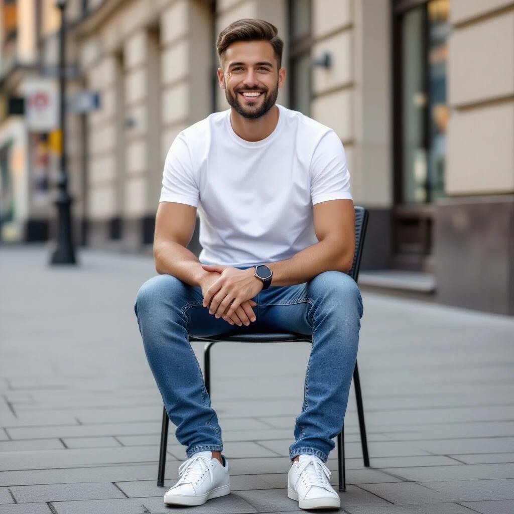 Man seated on a black chair wearing a white t-shirt and blue jeans in an urban environment with a bright smile.