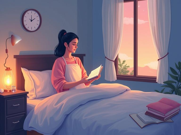 Illustration of a middle-aged woman in a comforting bedroom. She reads a book while preparing for bedtime. Visual elements include gentle yoga, a warm bath, and calming objects like a water glass and dim lights. The scene suggests a peaceful transition to sleep. It evokes feelings of tranquility and self-care.