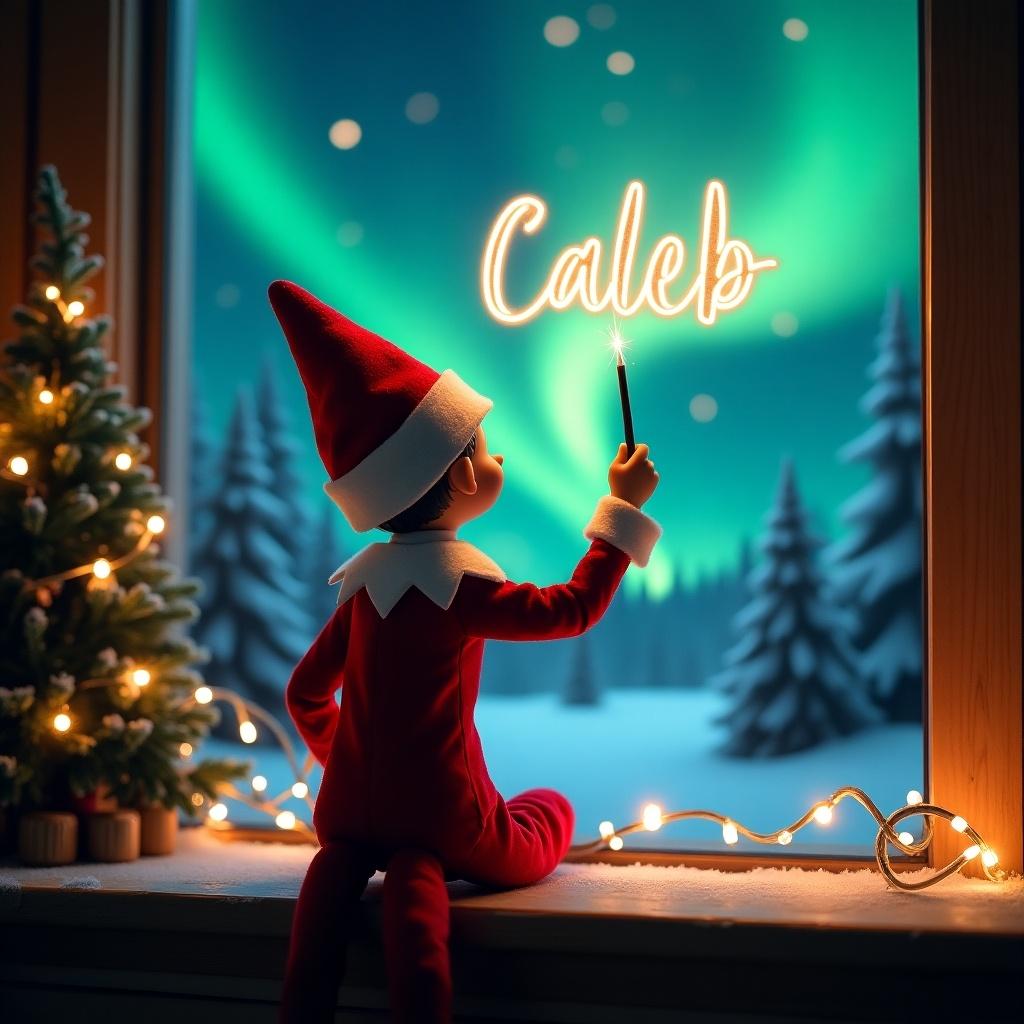 An enchanting Christmas scene featuring an elf on the shelf facing the sky. The elf is dressed in red and white, writing 'Caleb' with a magic wand. The backdrop has vibrant northern lights, adding a magical ambiance. The scene portrays the festive spirit of Christmas.