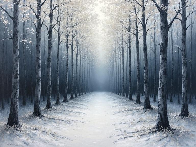 Ashen tree forest with gray trunks and white leaves extending into the gloomy sky. The ground covered with white tree roots and white leaf litter. Colors include white, gray, black, and dark blue. Oil painting landscape with oils and acrylic paint.