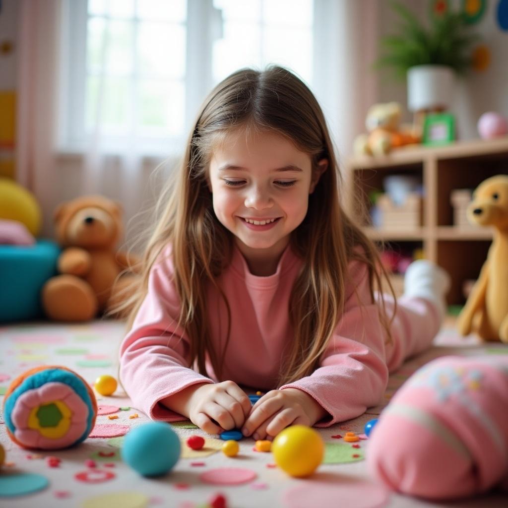 In a bright and cheerful playroom, a 7-year-old girl with long brown hair is enjoying her time on the floor. She is lying on her stomach, fully engaged with various colorful toys scattered around her. Rays of soft sunlight filter through the window, illuminating her happy expression. The walls are adorned with vibrant decorations, adding to the playful atmosphere. This scene captures the essence of childhood joy and creativity, making it a perfect setting for any article about parenting or child development.