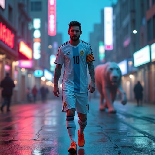 Photo-realistic image of Lionel Messi in an apocalyptic broken argentinian white and sky blue football kit walking confidently in a modern neon futuristic city street at dusk. Behind him, a giant cyber humanoid lion guard strides. Scene features neon lights and cinematic lighting.