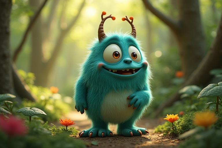 Funny monster with teal fur and big eyes stands in a sunlit forest surrounded by flowers.