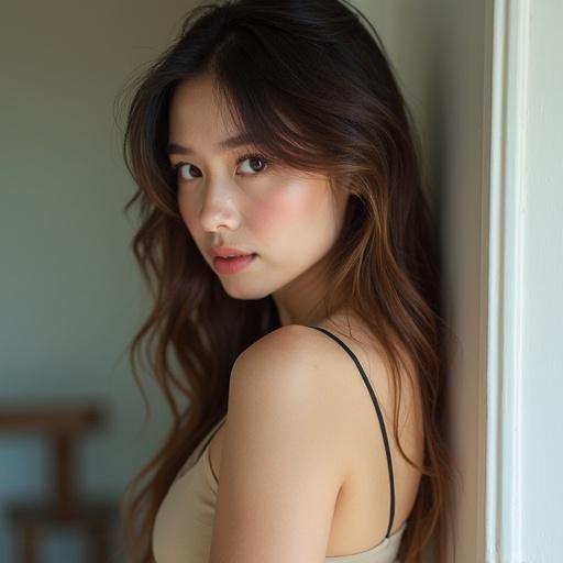 Highly beautiful Asian woman portrait. Focus on facial features. Natural lighting. Soft expression. Elegant and fashionable appearance.