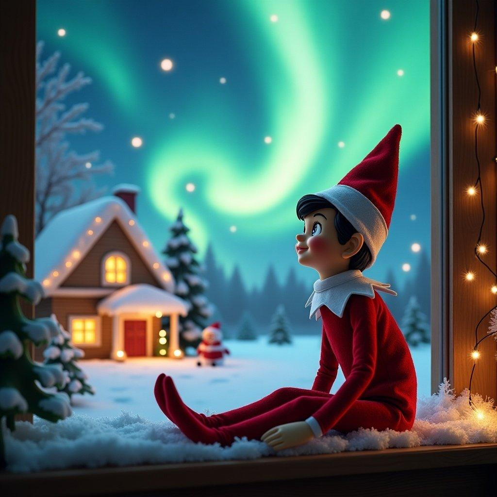 The image features an Elf on the Shelf character positioned in a playful manner, gazing skyward with wonder. Beside it, the scene showcases a charming Christmas background, complete with colorful northern lights swirling vividly in the night sky. A cozy, beautifully decorated house is visible, glowing warmly in the winter night. Snow blankets the ground, creating a serene holiday landscape. In the foreground, the elf is writing names, suggesting a personal touch tied to holiday traditions.