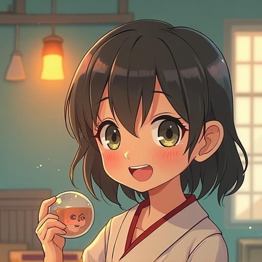 An illustration of a cute anime girl smiling while holding a glass ball with a character inside. Indoor setting with warm lighting.