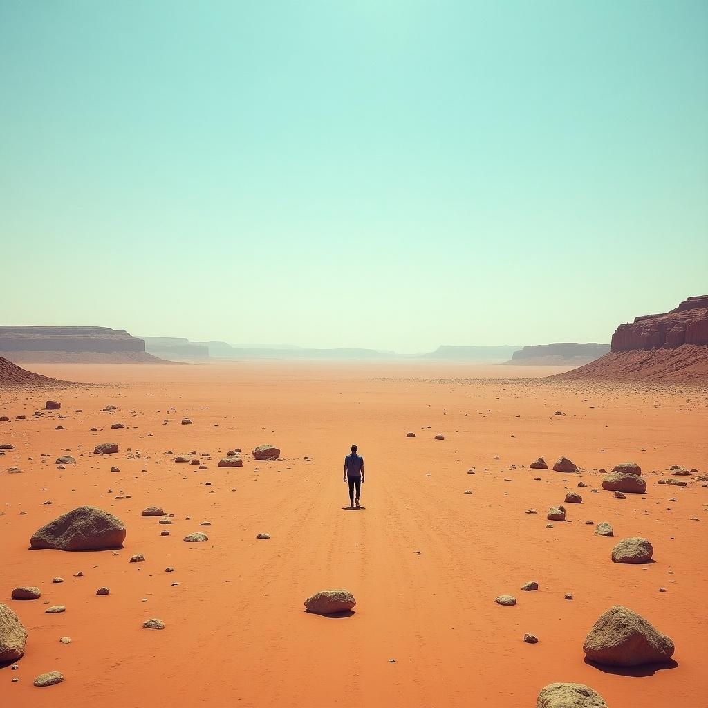 A person stands isolated in a vast, arid landscape. The scenery features distant cliffs and scattered rocks on a sandy terrain. The sky is clear and bright.