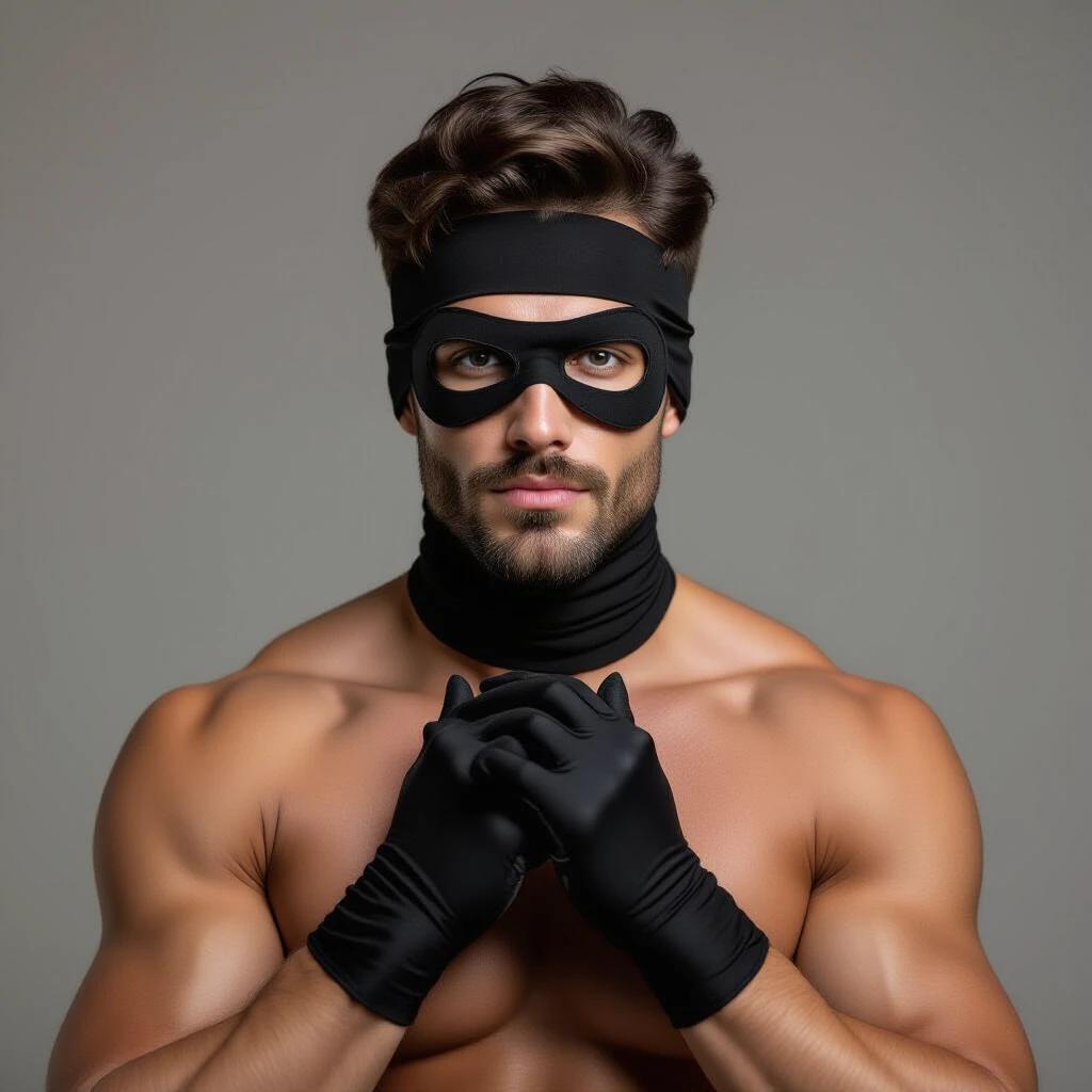 A muscular man posing with a masked face wearing black gloves. The body is on display with a focus on fitness. The setting is neutral to highlight the physique and outfit. The mood is strong and confident.