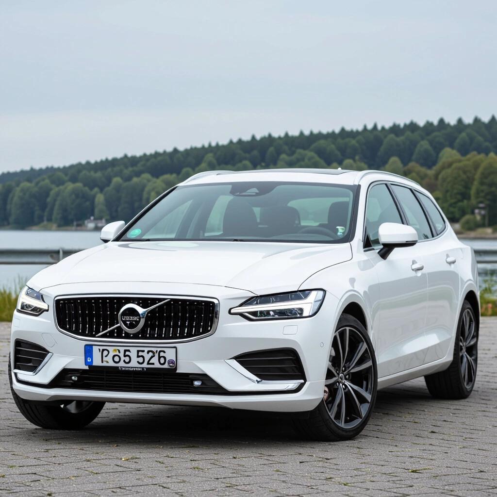 White Volvo S60 T5 P2 parked near water with forest in background. Stylish, sporty design and modern features.