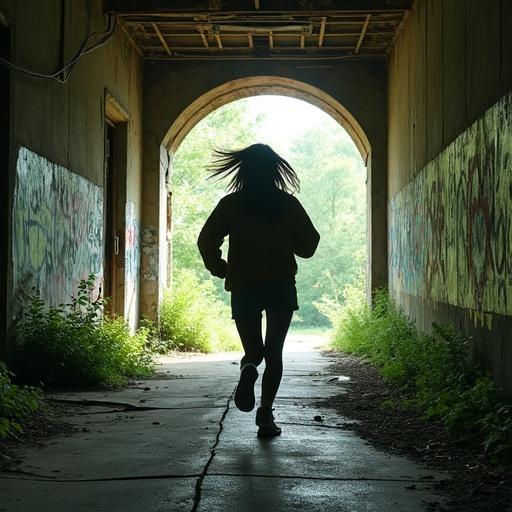 A woman explorer runs through the entrance of an abandoned subway station. She moves with agility. The surrounding area shows urban decay. There are cracked pavements and graffiti on the walls. Weeds emerge from broken concrete. The architectural structures appear rusted and collapsing. The lighting creates harsh shadows with a tense atmosphere. The composition emphasizes boldness.