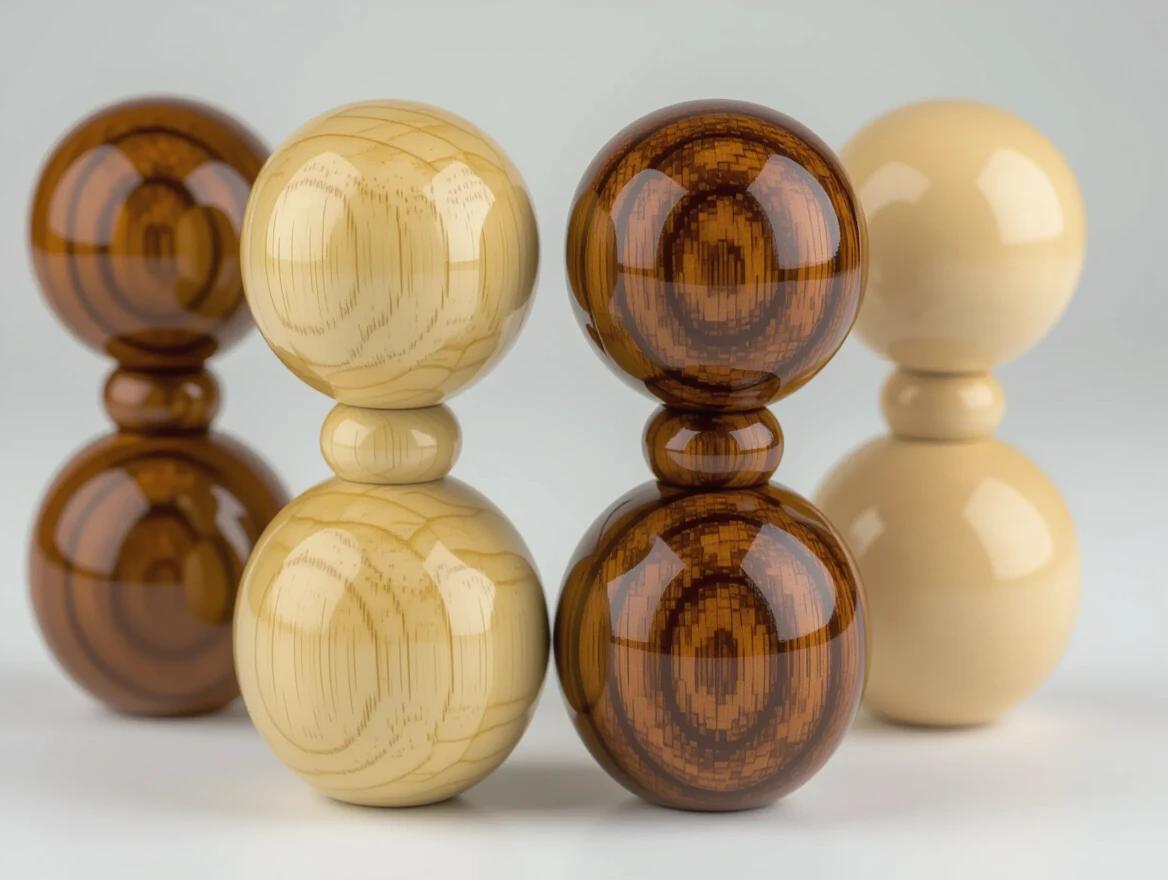 Wooden balls shaped as dolls in various wood finishes. High-quality craftsmanship shown in detail. Soft lighting highlights textures of wood. Elegant arrangement. Ideal for artistic or decorative display.