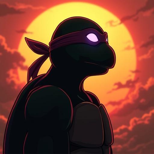 Silhouette of a turtle character. Character wears a purple bandana. Set against a vibrant sunset. Backlit to highlight the character's outline. Style combines elements of Ninja Turtles and Naruto anime.