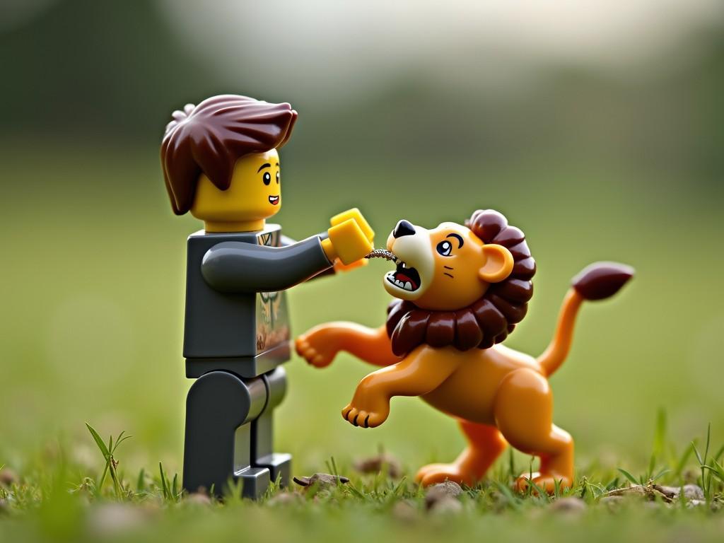 This image captures a playful moment between a LEGO minifigure and a small lion figure. Set against a blurred green background, the scene appears to take place on a natural grassy surface. The minifigure, with its signature yellow skin and simplistic features, is interacting with the lion, creating a whimsical and imaginative play scenario.