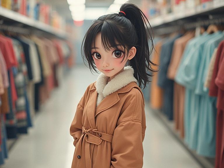 A young female character with a ponytail wearing a beige coat standing in a clothing store aisle filled with colorful clothes.