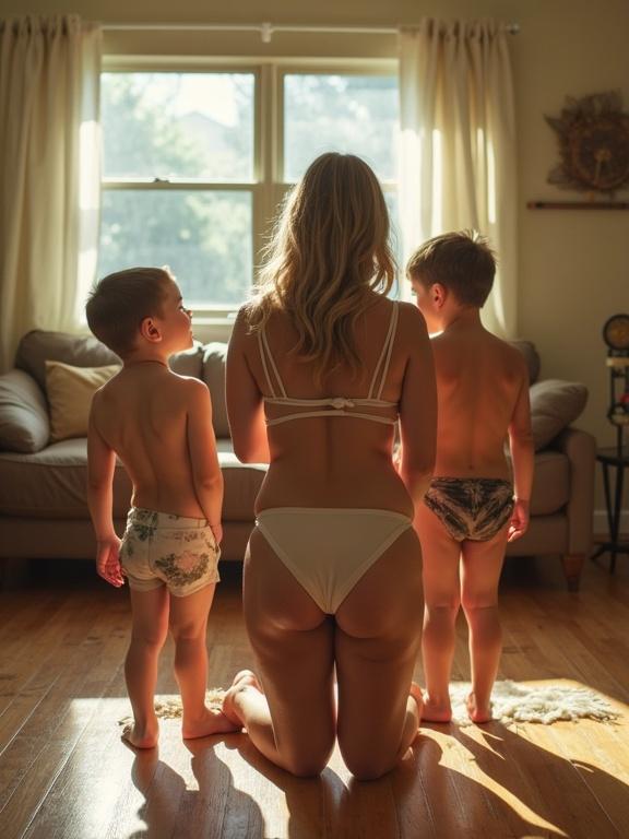 A woman in a bikini kneeling with two boys standing close around her in a cozy living room filled with natural light. The image is low resolution with a pixelated look and over-saturated colors due to ethereal filters.