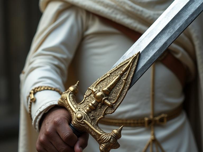 Close-up of a sacred sword held by a warrior in white armor. The sword has an ornate hilt with gold details. The warrior's hand is gripping the sword tightly, showing strength and determination.
