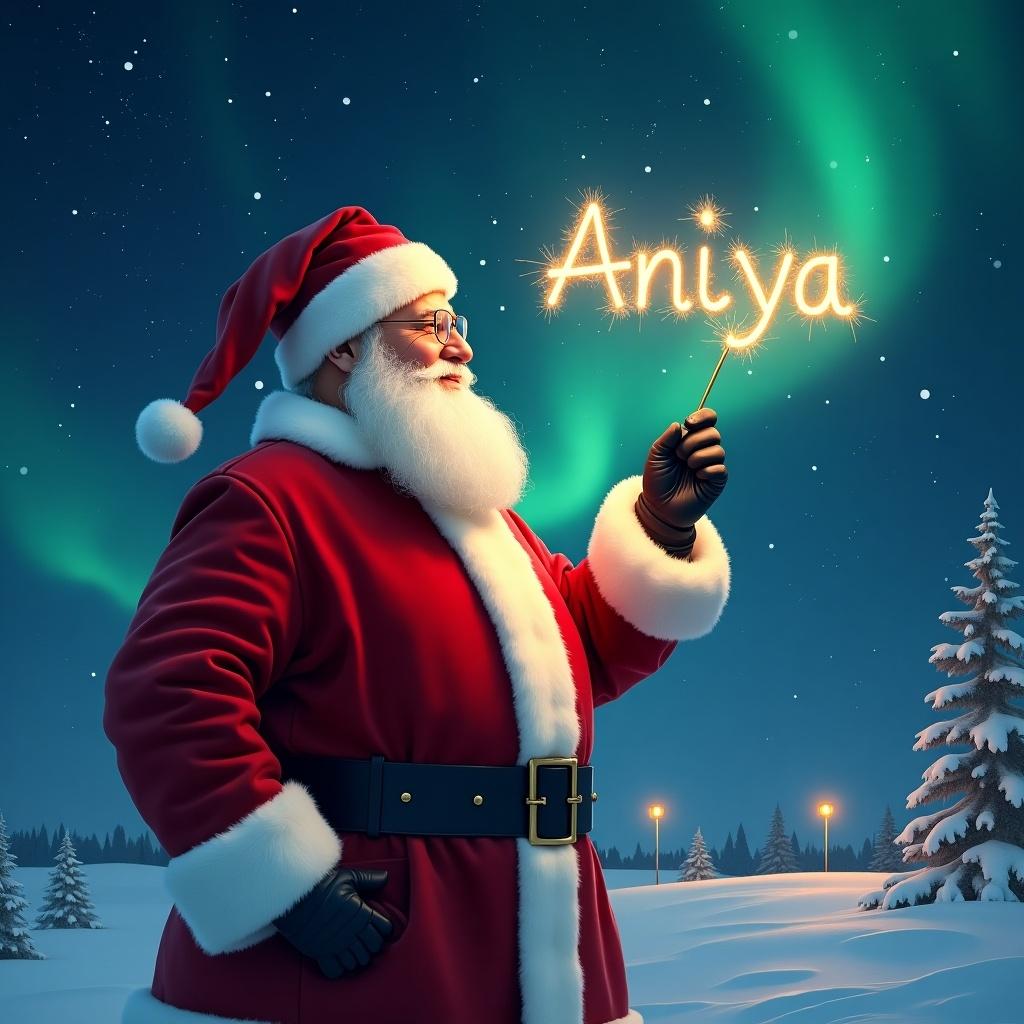 A realistic depiction of Santa Claus in a traditional red and white suit. He is writing the name 'Aniya' in the night sky using a sparkler. The background features a starry night with beautiful Northern lights illuminating the scene. Snow-covered ground and evergreen trees add to the festive atmosphere. The overall mood is magical and celebratory, perfect for holiday greetings.