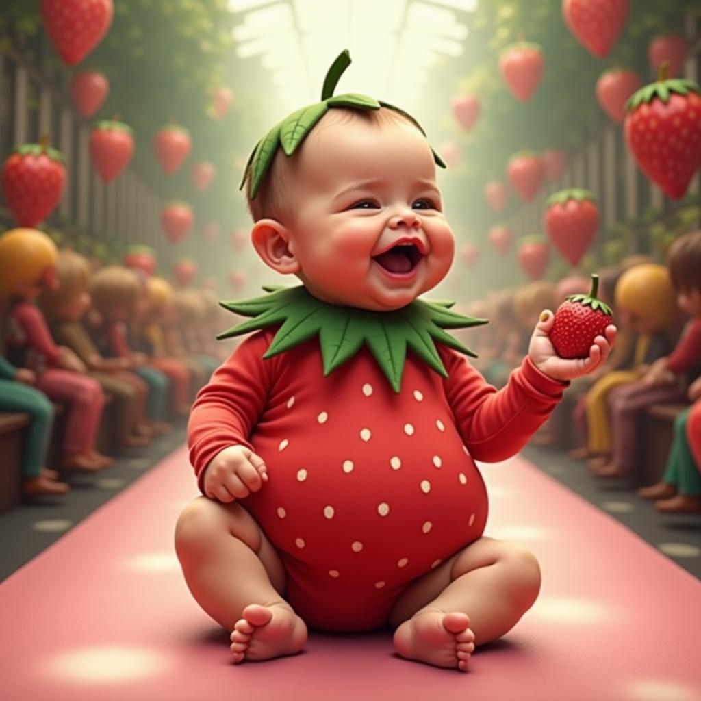 This digital artwork features a chubby baby dressed in a strawberry-themed costume. The baby wears a bright red bodysuit adorned with white polka dots. A green leafy collar crowns the costume. The baby is joyfully sitting on a fashion runway, giggling and holding a small strawberry prop. The background is filled with oversized fruit props, adding to the whimsical vibe of the scene. The art style is bright, colorful, and invites a sense of fun and playfulness, perfect for a fashion show setting.