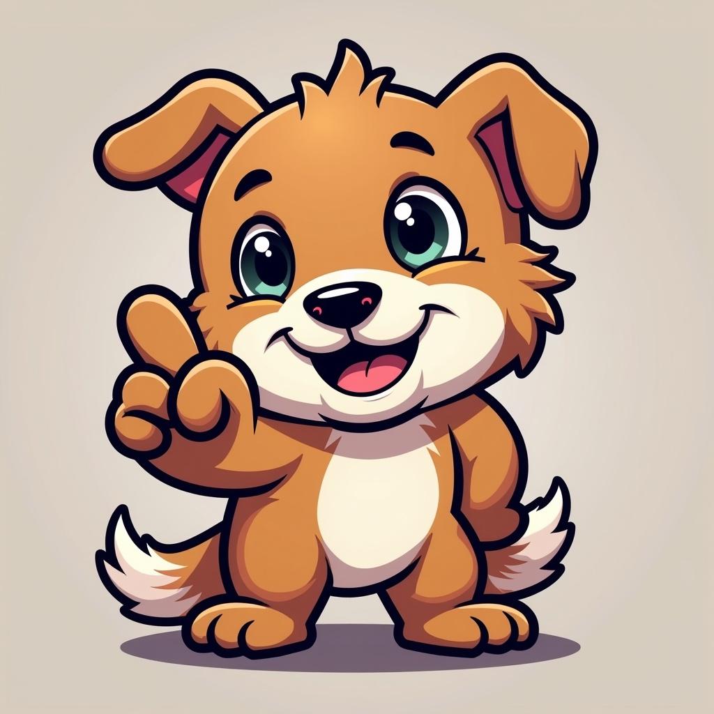 Cheerful cartoon dog named Rufus with brown fur and big eyes. Raised paw showing a friendly gesture. Background is simple and soft. Character has a playful expression and a small smile.