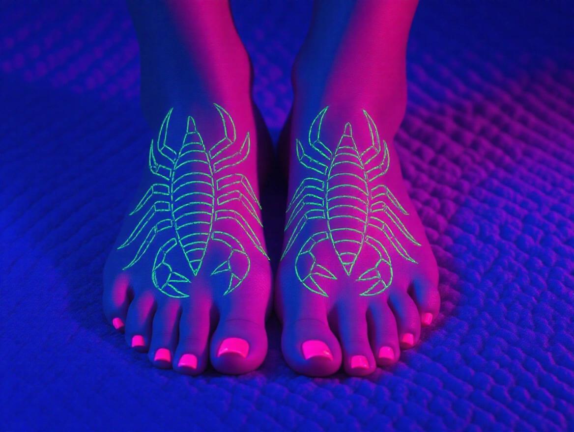 Feet with neon colored toenails. Scorpion tattoo on beautiful foot. Vibrant neon colors in the background. Focus on the art on the feet.