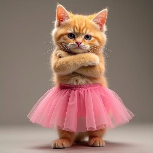 A cat wears a pink skirt while crossing its arms and displaying an angry expression. The cat has an orange fur coat and is looking straight at the viewer.