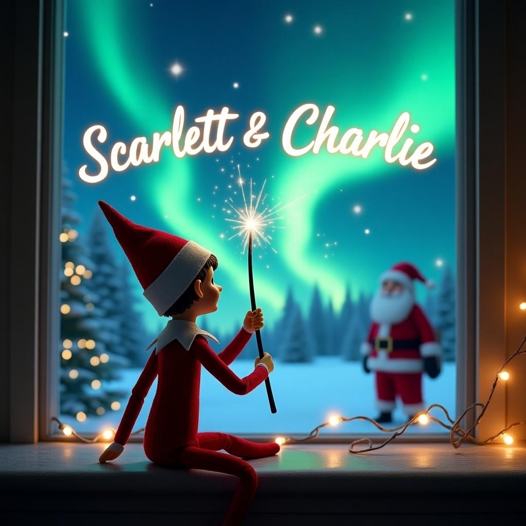 An elf on the shelf character is depicted with his back to the viewer, facing a mesmerizing night sky. He is using a magic wand to write the names 'Scarlett & Charlie' in the sky. In the background, there are vibrant northern lights casting a magical glow, with Santa Claus appearing in the distance. The cozy room setting is adorned with Christmas lights. The overall scene is enchanting and captures the whimsical spirit of the holiday season.